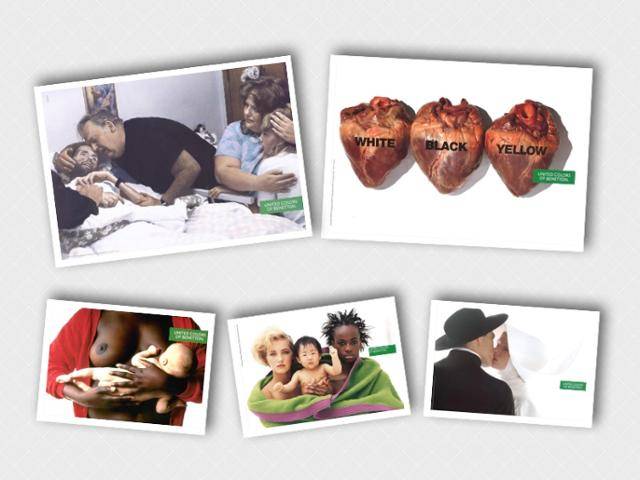 토스카니가 기획한 베네통 광고들. 사진 위로부터 시계 방향으로 임종 직전의 데이비드 커비 사진 광고, 동일한 심장 사진으로 인종 차별을 비판한 광고, 수녀와 신부의 키스 사진으로 종교의 엄숙주의를 비판한 광고, 흑백 레즈비언 커플과 동양계 입양아 사진 광고, 흑인 여성이 백인 아이에게 수유하는 사진 광고. world.benetton.com