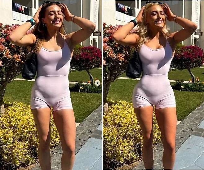 올리비아 네빌이 사진을 보정하기 전(왼쪽)과 보정 후의 모습을 공개했다. 사진=인스타그램 갈무리