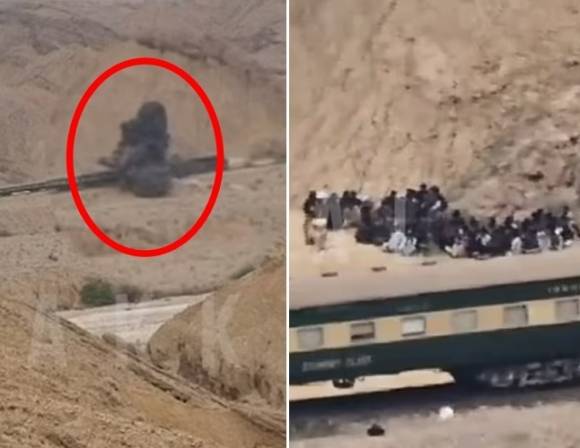 파키스탄 무장단체인 발루치스탄 해방군이 11일 발루치스탄주에서 기차를 폭파시키고, 승객 수백 명을 인질로 붙잡는 테러를 일으켰다. 사진 왼쪽은 발루치스탄 해방군에 의해 기차가 폭파되는 순간, 오른쪽은 기차가 멈춘 뒤 무장세력이 승객들을 인질로 잡는 모습. 발루치스탄 해방군 공개 영상 캡처