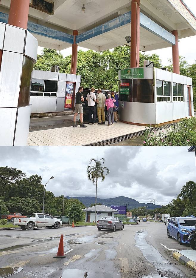 (위) 말레이시아 이민국 사무소에 줄지어 선 버스탑승객, (아래) 말레이시아 국경 이민국 사무소.