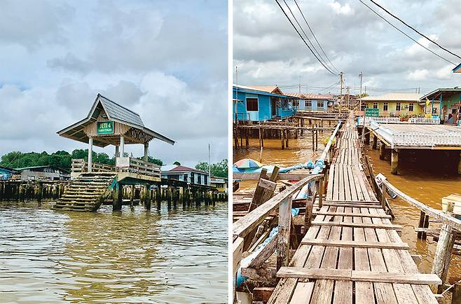 (위)목조주택 사이에 위치한 나무배 선착장 (아래)나무 판자길 따라 마을을 산책하는 재미가 쏠쏠하다.