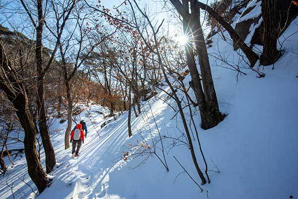 7봉 우회로. 내려오는 길이 심하게 가파르고 험하여 겨울철에는 우회하는 것을 권고한다.
