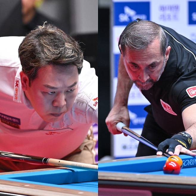 강동궁(왼쪽)과 세미 사이그너가 PBA 월드챔피언십 결승행을 다툰다. PBA 제공