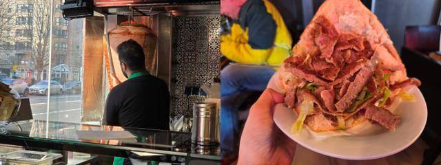 왼쪽 사진은 지난달 12일 독일 베를린의 한 되너 케밥 전문점에서 관계자가 거대한 고깃덩이를 칼로 얇게 저미는 모습. 오른쪽 사진은 이렇게 자른 고기를 넣어 만든 되너 케밥. 베를린=신은별 특파원