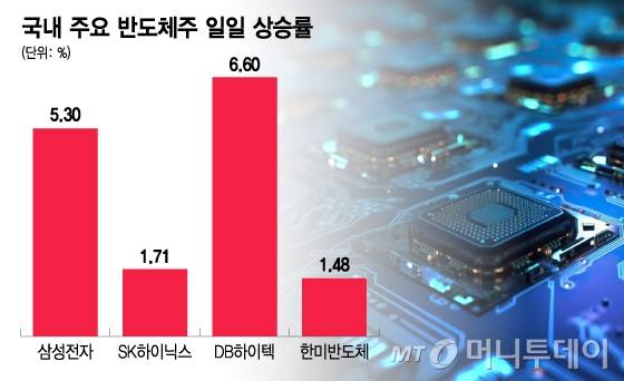 국내 주요 반도체주 일일 상승률. 17일 오전 10시12분 기준. /그래픽=이지혜 디자인기자