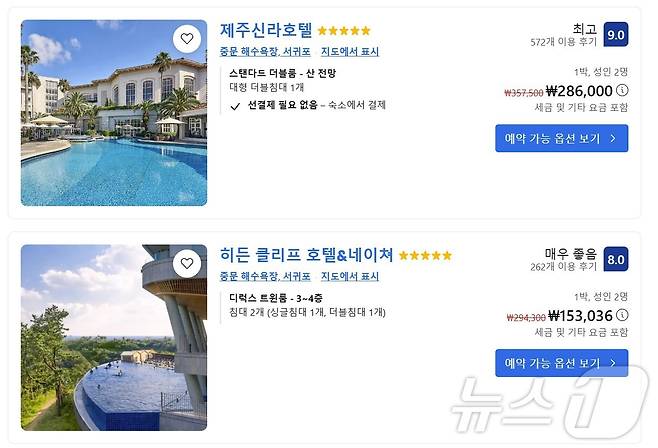 한 글로벌 OTA에서 3월 20일~21일 투숙 기준으로 제주도 5성급 호텔을 검색한 결과