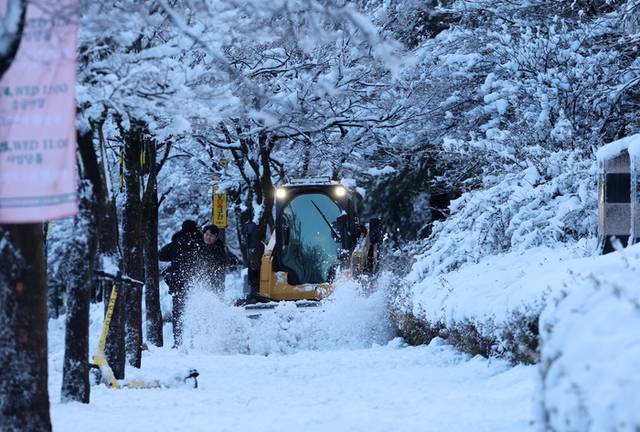 ▲ 강원 동해안에 대설특보 속에 많은 눈이 내린 지난 17일 강릉시 교동에서 제설차가 인도의 눈을 치우느라 바쁜 모습이다. 연합뉴스