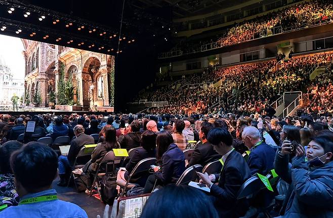 18일(현지시간) 오전 10시 미국 캘리포니아주 새너제이 SAP 센터에서 연례 개발자 회의 GTC 2025가 열리고 있다. 연합뉴스