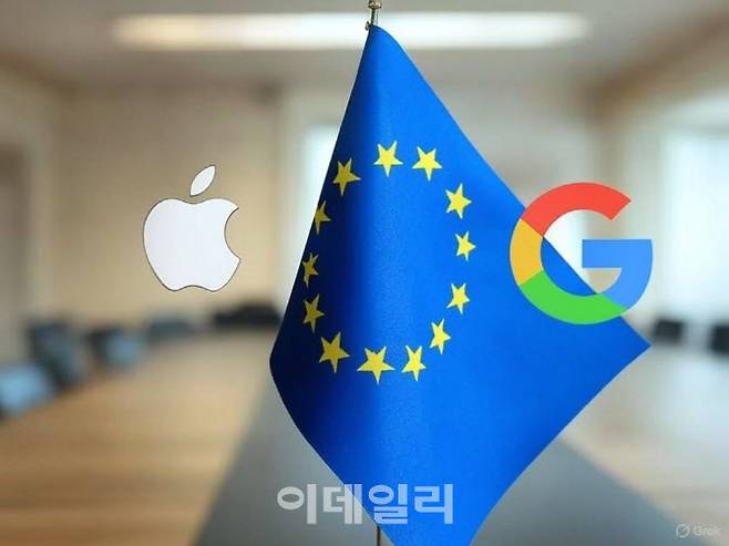 EU 깃발 사이로 애플과 구글 로고가 보인다.(사진=그록3 이미지 생성)