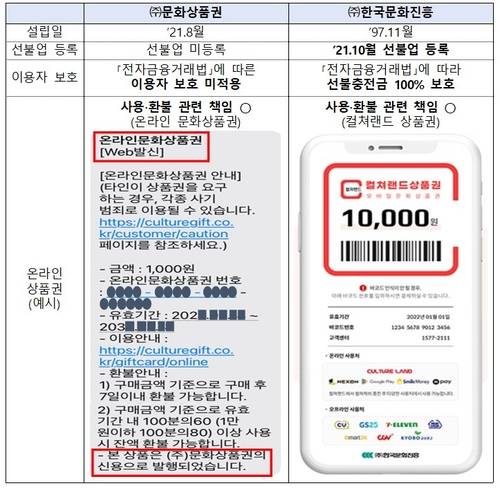 문화상품권과 한국문화진흥의 발행 상품권 차이(자료=금융위원회)