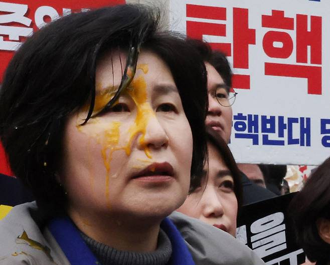윤석열 대통령 탄핵심판 선고일 발표가 늦어지고 있는 가운데 20일 서울 종로구 헌법재판소 앞에서 기자회견에 참가 중이던 더불어민주당 백혜련 의원이 계란을 맞은 채 발언하고 있다. (사진=연합뉴스)