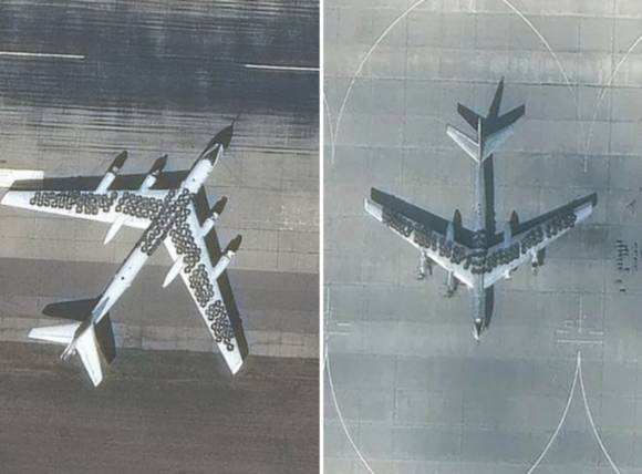 2023년 9월 러시아 남동부 사라토프주(州) 엥겔스-2 공군기지에 러시아 전략폭격기 투폴레프(Tu)-95 2대에 자동차용 타이어가 빽빽하게 뒤덮인 모습. 맥사 테크놀로지 제공