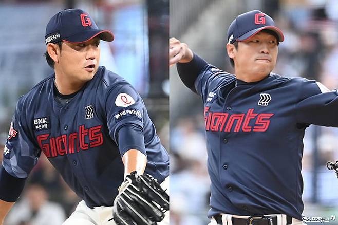 롯데 투수 김상수와 구승민(왼쪽부터)은 22~23일 잠실구장에서 열린 '2025 신한 SOL Bank KBO 리그' LG와 개막시리즈에서 나란히 부진했다. 엑스포츠뉴스 DB