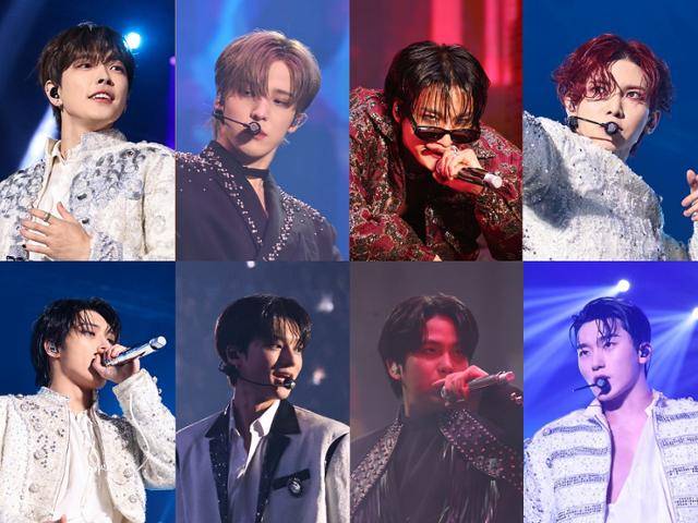 그룹 에이티즈의 홍중(왼쪽 위부터 시계방향) 윤호 성화 여상 산 종호 우영 민기가 23일 서울 송파구 올림픽공원 KSPO돔에서 공연하고 있다. KQ엔터테인먼트 제공