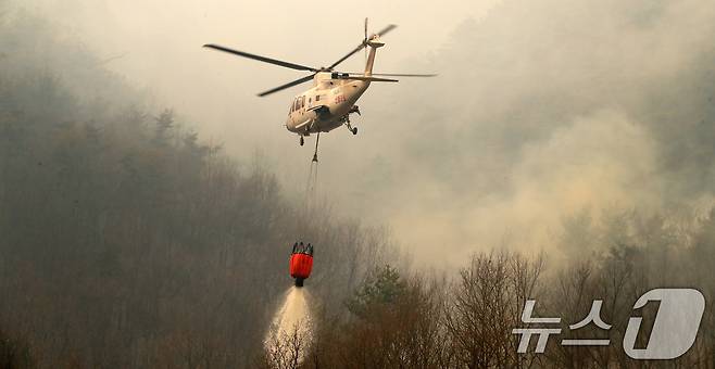 의성 산불 나흘째인 25일 오전 경북 안동시 길안면 백자리 민가 뒷산에서 산불진화에 투입된 헬기가 강풍을 뚫고 날아와 물을 뿌리고 있다. 2025.3.25/뉴스1 ⓒ News1 공정식 기자