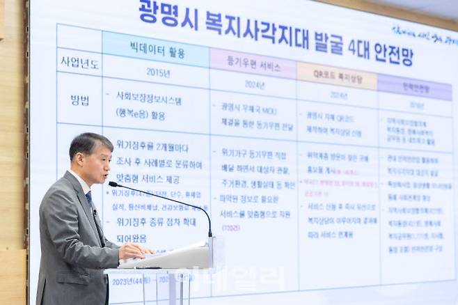 26일 이길용 광명시 사회복지국장이 광명시 4대 복지사각지대 발굴 사업을 설명하고 있다.(사진=광명시)