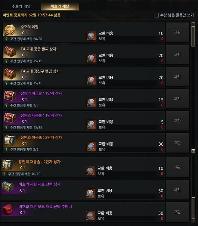 ▲ 4인, 8인 보상인 비호의 메달 상점