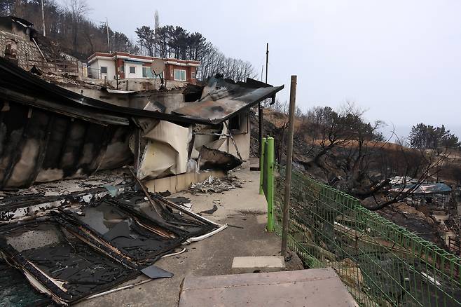 27일 경북 영덕군 영덕읍 석리 따개비마을에 산불이 휩쓸고 간 뒤 주택 곳곳이 불에 타 내려앉았다. <연합뉴스>