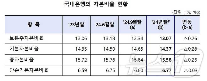 국내은행의 자본비율 현황/사진제공=금융감독원