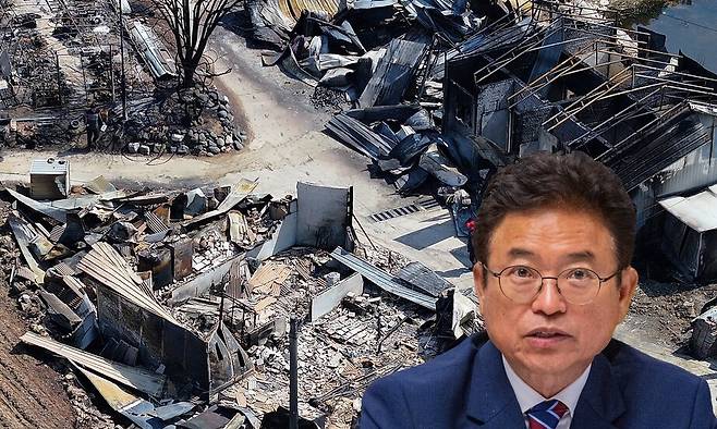 31일 산불에 초토화가 된 경북 청송군 진보면 기곡리 한 마을과 이철우 경북도지사. 연합뉴스