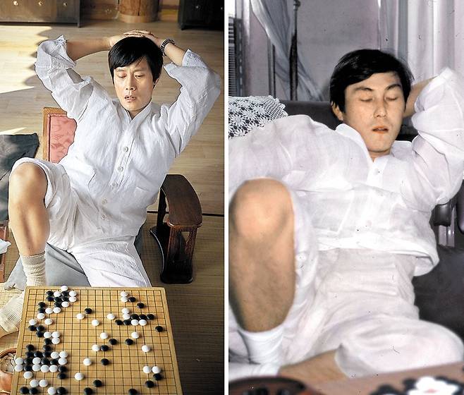 영화 '승부'에서 조훈현 역의 배우 이병헌이 이창호(유아인)와 바둑 대국 중 드러누워 다음 수를 궁리하고 있다. 오른쪽 사진은 당시 조훈현의 모습. 겉으론 여유 있어 보이나 실제론 체력의 한계를 느끼고 무너지기 직전이었다. 조훈현은 훗날 자서전에서 "창호와 10시간 넘게 경기를 할 때면 고도의 계산을 펼치느라 온몸이 분해될 지경이었다"며 "언론에선 와기(臥棋)라는 말로 점잖게 표현해줬으나 사실은 중년의 바둑 황제가 무너져 내리는 슬픈 몰락의 장면이었다"고 썼다. /바이포엠스튜디오