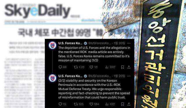 인터넷 매체 스카이데일리는 지난 1월 16일 경기 수원시 소재 중앙선거관리위원회 연수원에서 중국인 간첩 99명이 주한미군에 체포돼 압송됐다는 기사를 보도했으나 주한미군은 엑스(X)를 통해 '완전히 거짓'이라는 공식 입장을 밝혔다. 스카이데일리·X 캡처