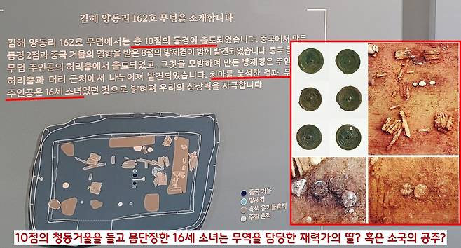 김해 양동리 162호 무덤에서는 한경 2점과, 한경을 모방해서 만든 거울 8점이 나왔다. 무덤 주인공은 16살 무렵의 소녀로 확인됐다. 이 소녀가 몸단장 할 때 중국제 명품 거울 2점에, 그 명품을 카피한 국내산 거울 8점을 번갈아 사용했 수 있다.