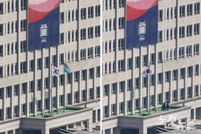 4일 헌법재판소의 윤석열 대통령에 대한 헌법재판소의 파면 선고가 내려지기 전 용산 대통령실에 봉황기가 게양돼 있다. 파면 선고 이후 대통령실 관계자가 봉황기를 내리고 있다. 사진공동취재단