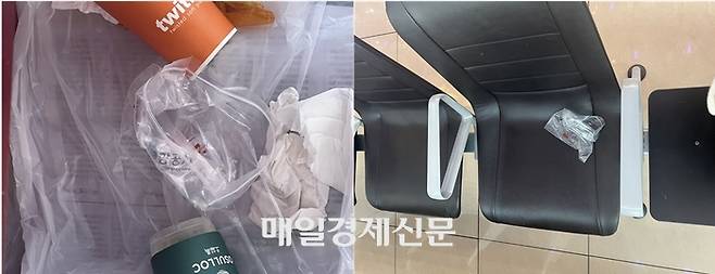 김포공항 국내선 휴지통과 의자에 버려진 보조배터리용 비닐봉지.