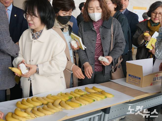 참가자들이 간식으로 준비된 바나나와 떡을 하나씩 받아가고 있다. 전남CBS