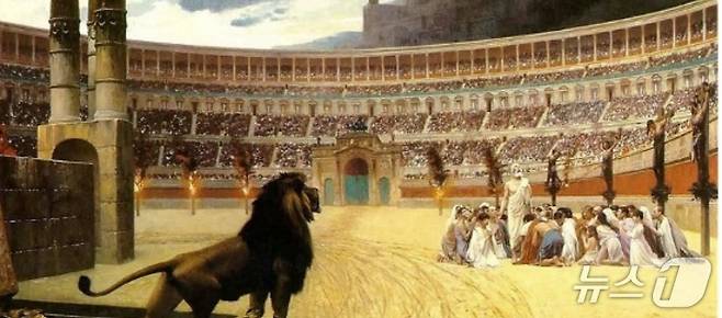 프랑스 화가 장레옹 제롬이 1883년 그린 '기독교인들의 마지막 기도',. 로마 황제 네로는 기도교를 믿는 이들을 사자를 이용해 잔인하게 처형했다. (SNS 갈무리) ⓒ 뉴스1