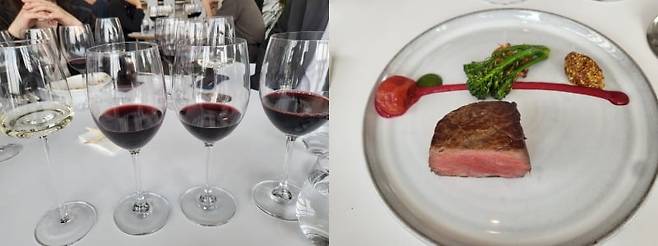 구운 육류와 페어링한 본테라 와인. 사진=안혜원 기자