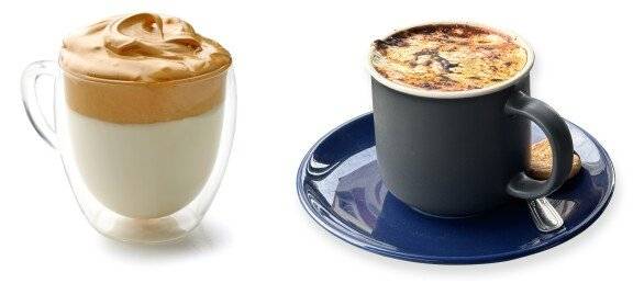 인스턴트커피로 만든 달고나 커피(왼쪽)와 집에서도 쉽게 만들 수 있는 크렘브륄레 라테. GETTYIMAGES