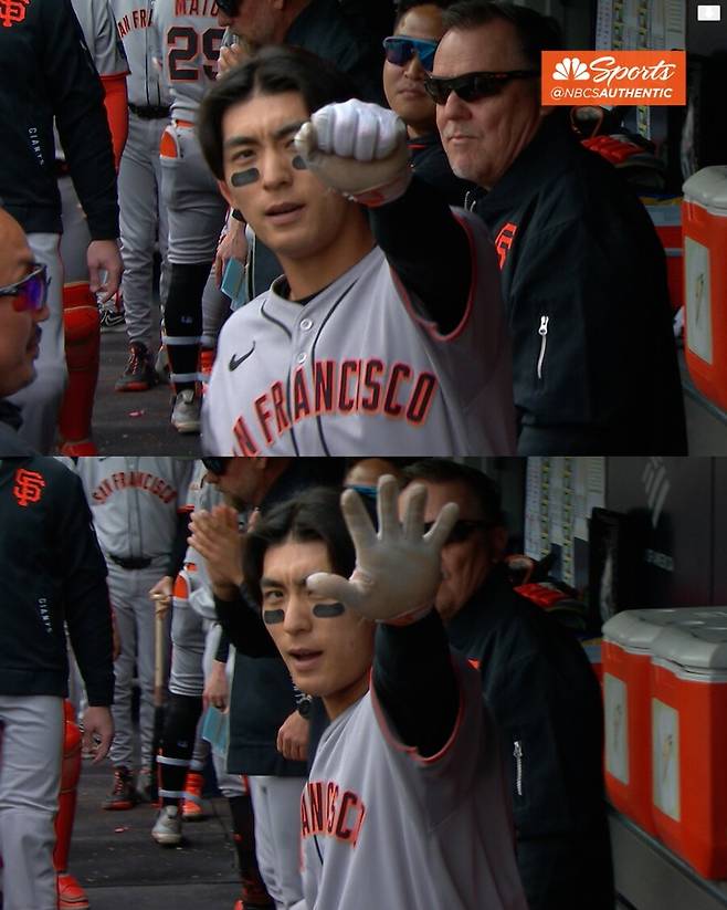 ▲ 14일(한국시간) 미국 뉴욕주 브롱스 양키스타디움에서 열린 2025 메이저리그 뉴욕 양키스와 3연전 마지막 경기에 3번 타자 중견수로 선발 출전해 6회 역전 쓰리런 홈런을 터뜨린 뒤 더그아웃에서 카메라를 향해 세리머니하는 이정후. ⓒNBC 스포츠 아레나 SNS