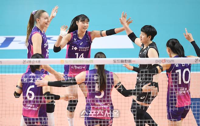 흥국생명 정윤주(14번)가 7일 장충체육관에서 열린 2024~2025 V-리그 GS칼텍스와 경기에서 서브로 득점을 올린 후 동료들과 하이파이브를 하고 있다. 2025. 1. 7. 장충 | 최승섭기자 thunder@sportsseoul.com