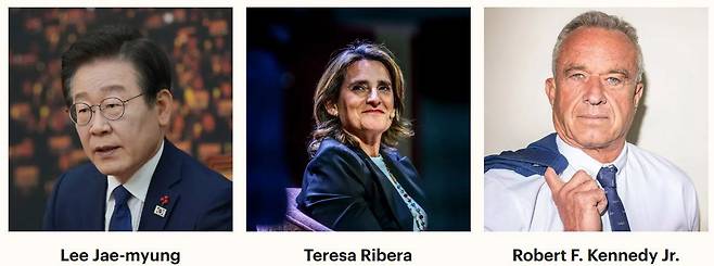 이재명 더불어민주당 전 대표가 포함된 미국 타임지 '올해 가장 영향력 있는 100인' 소개화면. 왼쪽부터 이 대표, 테레사 리베라 유럽연합(EU) 청정·공정·경쟁담당 수석 부집행위원장, 로버트 케네디 주니어 미국 보건복지부 장관. /타임지 홈페이지 캡처