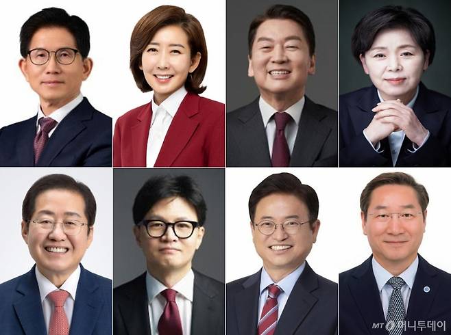 (서울=뉴스1) = 국민의힘 대선·경선 선거관리위원회가 16일 제21대 대통령후보자 1차 경선 진출자 8명을 발표했다. 사진은 경선 1차 진출자(가나다순,시계방향으로) 김문수 전 고용노동부 장관, 나경원 국민의힘 의원, 안철수 국민의힘 의원, 양향자 전 의원, 유정복 인천시장, 이철우 경북지사, 한동훈 전 국민의힘 대표, 홍준표 전 대구시장.(국민의힘 제공. 재판매 및 DB 금지) 2025.4.16/뉴스1 Copyright (C) 뉴스1. All rights reserved. 무단 전재 및 재배포, AI학습 이용 금지. /사진=(서울=뉴스1)