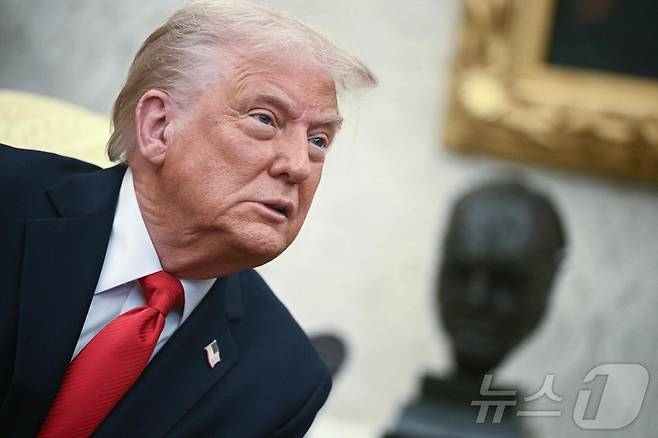 도널드 트럼프 미국 대통령이 14일(현지시간) 워싱턴DC 백악관 집무실에서 열린 나입 부켈레 엘살바도르 대통령과의 정상회담에서 자동차에 대한 관세 부과 일시 면제 가능성 등에 대해 언급하고 있다. ⓒ AFP=뉴스1 ⓒ News1 류정민 특파원