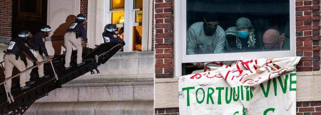 미국 전역에서 가자지구 반전 시위가 격화했던 지난해 4월30일 학생들이 점거 농성 중인 컬럼비아대학 해밀턴홀에서 경찰들이 사다리차를 이용해 건물 2층에 진입하는 모습. 뉴욕=AP·로이터 연합뉴스