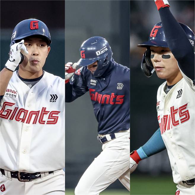 왼쪽부터 황성빈, 윤동희, 장두성. 롯데 외야 경쟁은 더 치열해진다. 사진=롯데 자이언츠