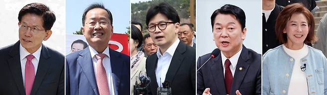 (왼쪽부터) 대선 출마 선언한 김문수 전 고용노동부장관 13일 서울 서초구 온누리교회 예배 참석, 대선 출마한 홍준표 대구장 11일 대구시청 산격청사에서 퇴임식, 한동훈 국힘 전 대표 12일 가덕신도시공항 부지 방문, 안철수 의원 13일 서울 국회에서 대선공약발표, 나경원 의원 12일 서울 중앙대학교 내 패스트푸드 음식점에서 청년 간담회 /사진=뉴스1, 연합뉴스