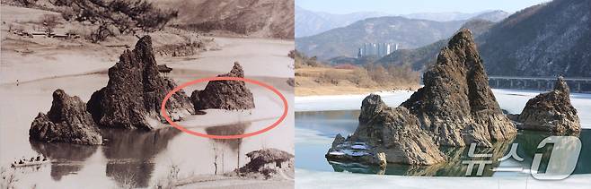 1970년 대 촬영된 것으로 알려진 단양 도담삼봉(왼쪽) 모습과 현재의 도담삼봉 모습. 왼쪽 도담삼봉 아래 지점에 모래톱(빨간 원)이 형성돼 있고, 오른쪽 도담상봉 아래 지점은 모래톱이 없다.2025.3.9./뉴스1 ⓒ News1 손도언 기자