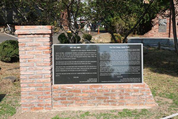 대구 중구 청라언덕에 1899년 국내 첫 사과나무를 심었다는 내용의 시배지(始培地) 표지석이 설치돼 있다. 한국일보 자료사진