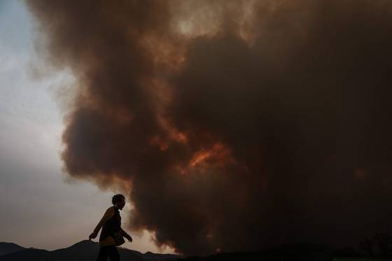 지난달 24일 경북 의성군에서 한 여성이 산불로 발생한 연기 주변을 걷고 있다. AFP=연합뉴스