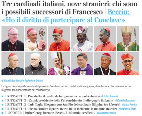 차기 교황 유력 후보 12명에 포함된 유흥식 추기경(하단 오른쪽에서 두 번째). 이탈리아 일간지 코리에레델라세라 캡처