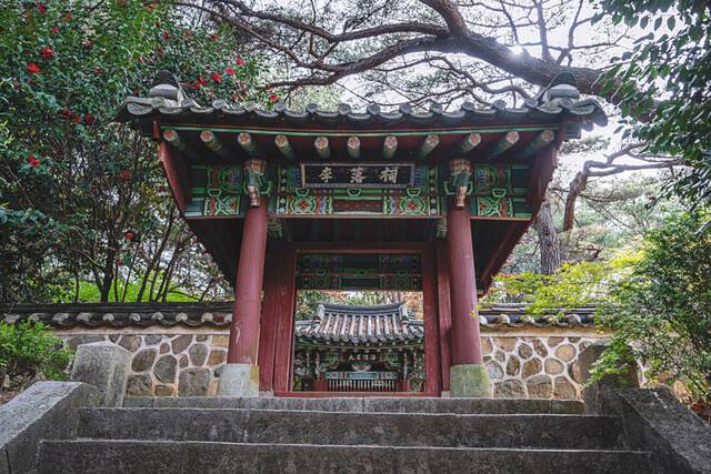 동백꽃 속 대성운해 편액이 걸려 있는 이락사.