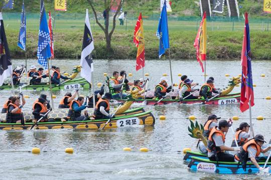 제64회 아산성웅이순신축제 일환으로 23일 곡교천에서 진행된 '충무공 이순신장군배 전국 노젓기대회' 예선 모습. 아산시 제공