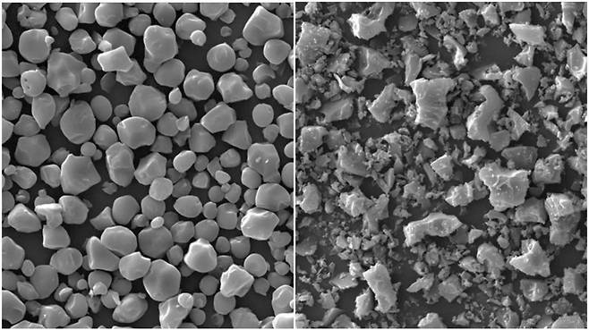 하드카본 결정 형태. 왼쪽은 애경케미칼의 고성능 하드카본 버전2의 결정. 오른쪽은 타사에서 생산한 하드카본의 결정 모습./사진=애경케미칼 제공