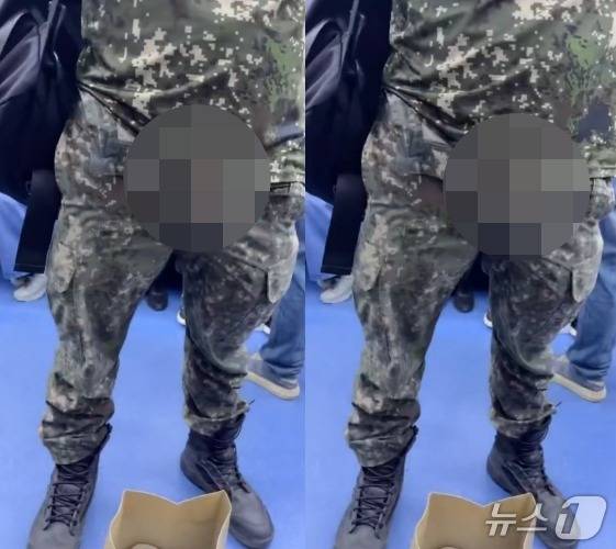지난 19일 오후 서울지하철 신분당선 열차 안에서 군복을 입은 남성이 신체 주요 부위를 노출하고 있다(X·옛 트위터 갈무리)