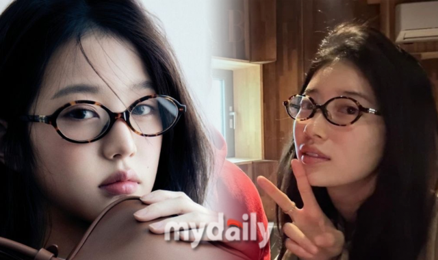 타원형 안경을 착용한 장원영과 수지./'BAZAAR' & '문상훈 유튜브'